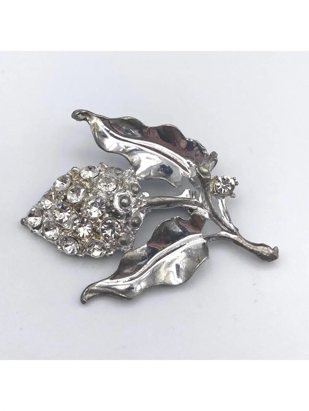 Ornate Vintage Silver Tone and Clear Rhinestone Grape Cluster with Leaves.